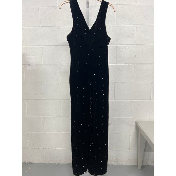 Eva Franco Sz 10 Black Velvet Pearl Embellished Wide Leg V-Neck Party Jumpsuit - Picture 4 of 6